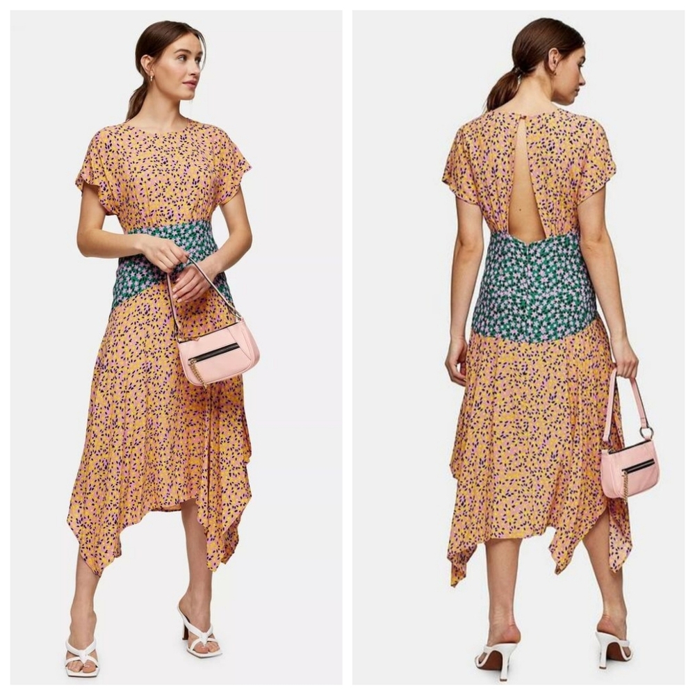 Topshop Floral Colorblock Midi Dress US 10 Open Back Keyhole Handkerchief Hem